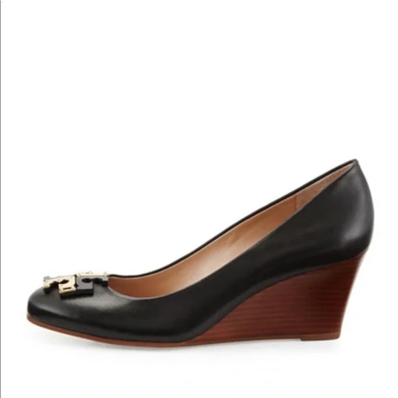 RARE Tory Burch Leather Black Lowell Wedges GOLD Logo - Picture 2 of 6